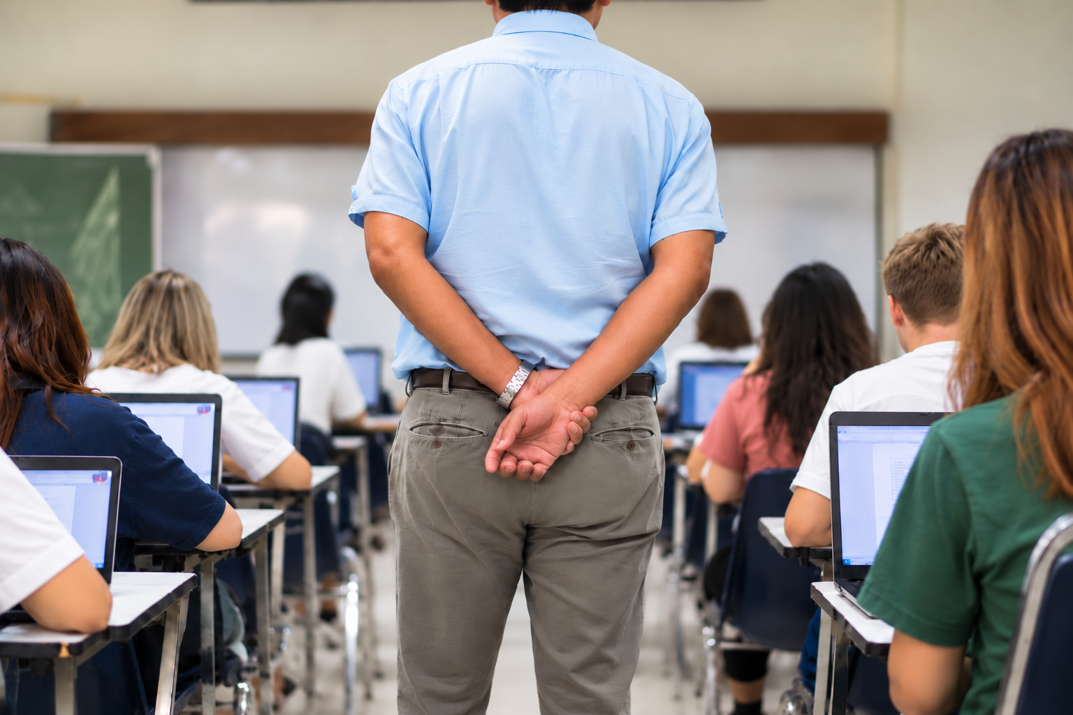 Amphithéâtre : étudiants composant leur examen sur ordinateur portable